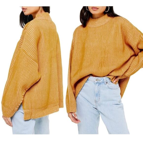 Topshop Mustard Yellow Ribbed Mock Neck Pullover Sweater Size 6 Oversized Knit - Picture 13 of 13
